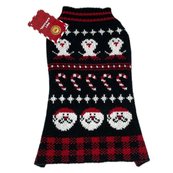 Pet Apparel Snowman, Candy Cane & Penguin Dog Sweater, Black, Red, White, Small - Picture 1 of 6